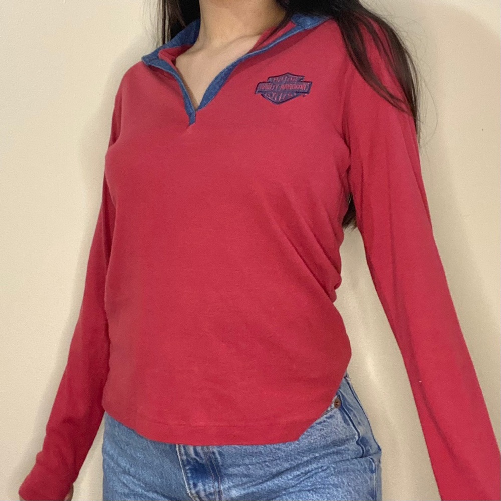 vintage harley-davidson red denim longsleeve top